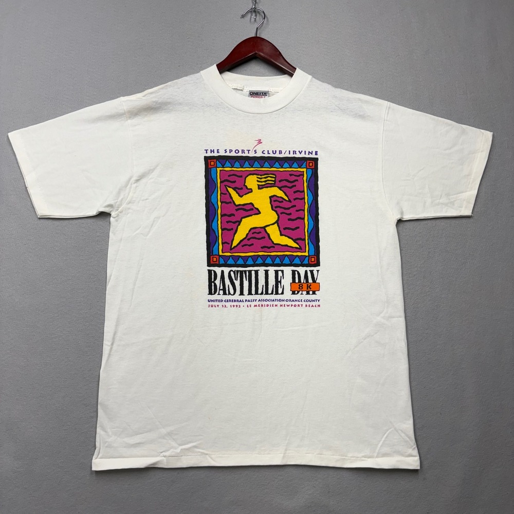 Oneita T-Shirt Mens L White Bastille Day 8K 1992 Vintage 90s Graphic USA Made